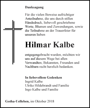 Traueranzeige von Hilmar Kalbe von Ostthüringer Zeitung, Thüringische Landeszeitung