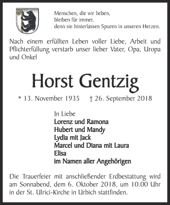 Traueranzeige von Horst Gentzig von Thüringer Allgemeine, Thüringische Landeszeitung