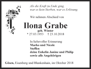 Traueranzeige von Ilona Grabe von Ostthüringer Zeitung