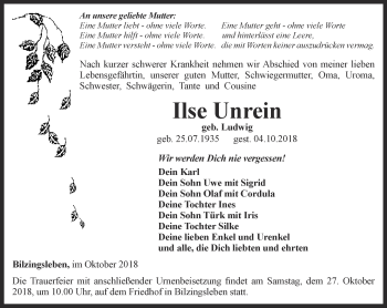 Traueranzeige von Ilse Unrein von Thüringer Allgemeine
