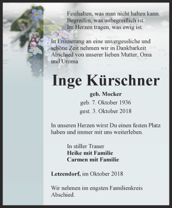 Traueranzeige von Inge Kürschner von Ostthüringer Zeitung