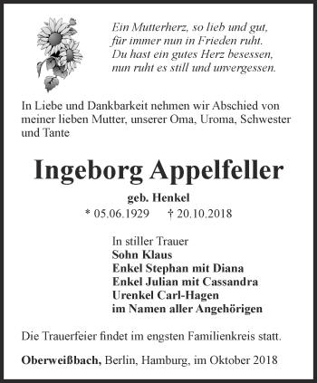 Traueranzeige von Ingeborg Appelfeller von Ostthüringer Zeitung