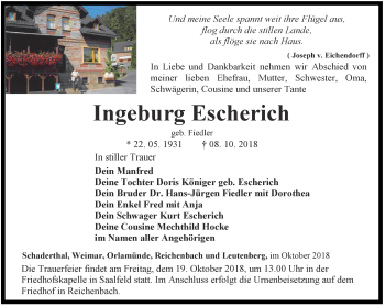Traueranzeige von Ingeburg Escherich von Ostthüringer Zeitung