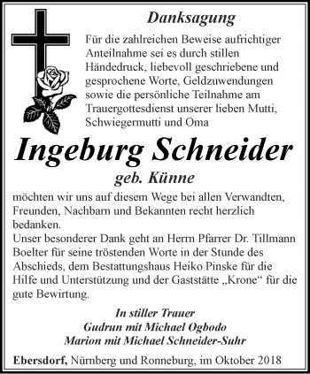 Traueranzeige von Ingeburg Schneider von Ostthüringer Zeitung