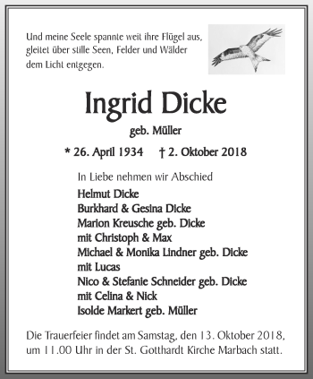 Traueranzeige von Ingrid Dicke von Thüringer Allgemeine, Thüringische Landeszeitung