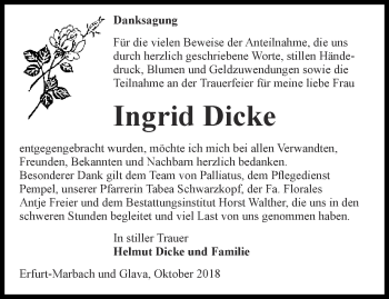 Traueranzeige von Ingrid Dicke von Thüringer Allgemeine, Thüringische Landeszeitung