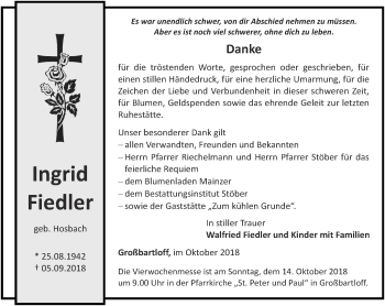 Traueranzeige von Ingrid Fiedler von Thüringer Allgemeine