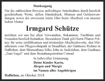 Traueranzeige von Irmgard Schütze von Thüringer Allgemeine, Thüringische Landeszeitung