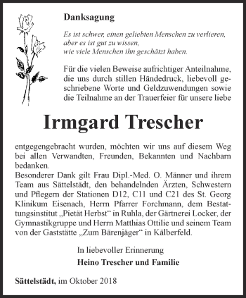 Traueranzeige von Irmgard Trescher von Thüringer Allgemeine, Thüringische Landeszeitung