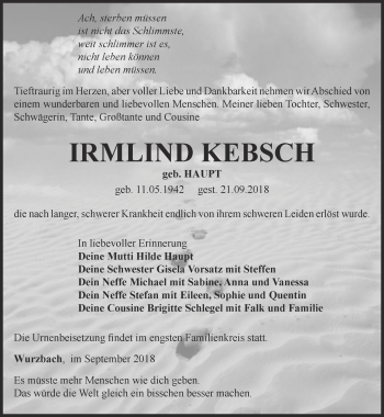 Traueranzeige von Irmlind Kebsch von Ostthüringer Zeitung