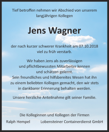 Traueranzeige von Jens Wagner von Ostthüringer Zeitung