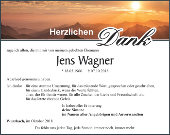 Traueranzeige von Jens Wagner von Ostthüringer Zeitung