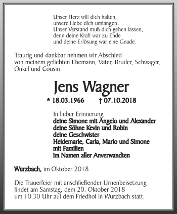 Traueranzeige von Jens Wagner von Ostthüringer Zeitung