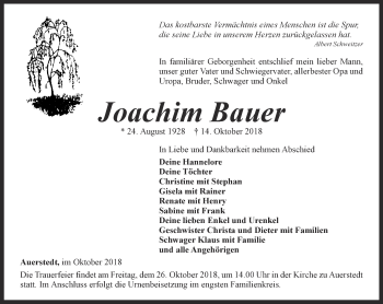 Traueranzeige von Joachim Bauer von Thüringer Allgemeine, Thüringische Landeszeitung