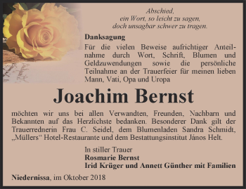 Traueranzeige von Joachim Bernst von Thüringer Allgemeine, Thüringische Landeszeitung