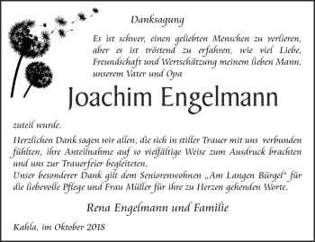 Traueranzeige von Joachim Engelmann von Ostthüringer Zeitung, Thüringische Landeszeitung