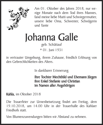 Traueranzeige von Johanna Galle von Ostthüringer Zeitung, Thüringische Landeszeitung