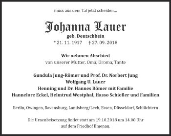 Traueranzeige von Johanna Lauer von Thüringer Allgemeine