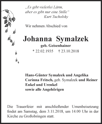 Traueranzeige von Johanna Symalzek von Thüringer Allgemeine, Thüringische Landeszeitung