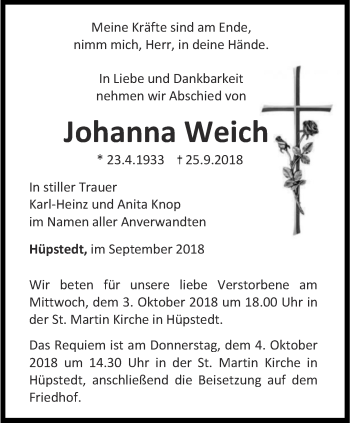 Traueranzeige von Johanna Weich von Thüringer Allgemeine, Thüringische Landeszeitung