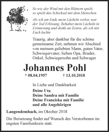 Traueranzeige von Johannes Pohl von Ostthüringer Zeitung