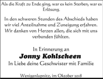 Traueranzeige von Jonny Kohlscheen von Thüringer Allgemeine, Thüringische Landeszeitung