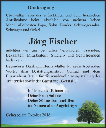 Traueranzeige von Jörg Fischer von Thüringer Allgemeine, Thüringische Landeszeitung