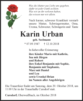 Traueranzeige von Karin Urban von Ostthüringer Zeitung