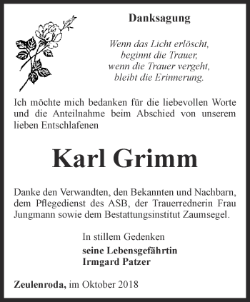 Traueranzeige von Karl Grimm von Ostthüringer Zeitung