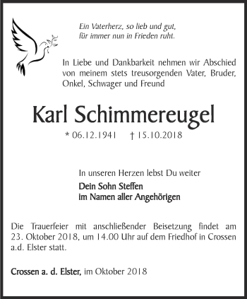 Traueranzeige von Karl Schimmereugel von Ostthüringer Zeitung