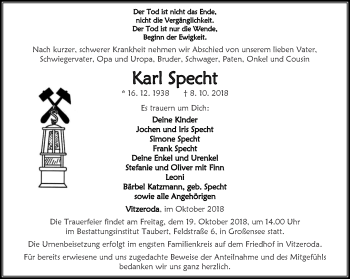Traueranzeige von Karl Specht von Thüringer Allgemeine, Thüringische Landeszeitung