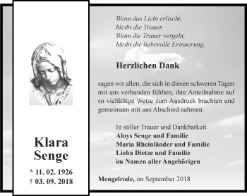 Traueranzeige von Klara Senge von Thüringer Allgemeine