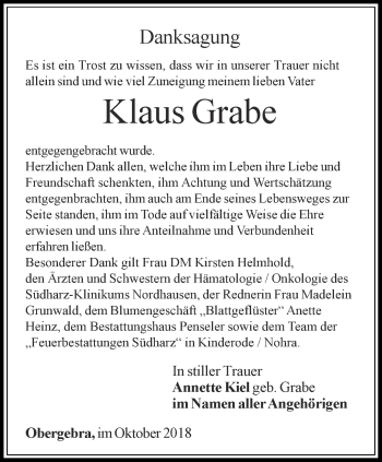 Traueranzeige von Klaus Grabe von Thüringer Allgemeine