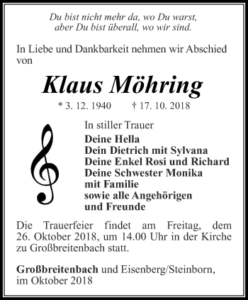 Traueranzeige von Klaus Mähring von Thüringer Allgemeine