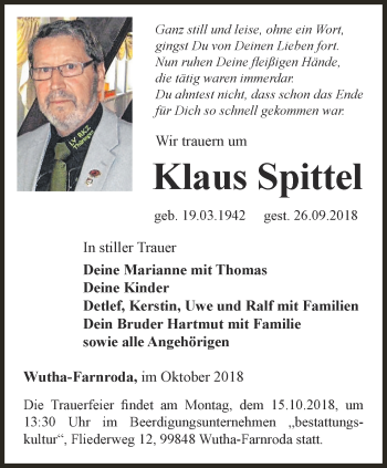 Traueranzeige von Klaus Spittel von Thüringer Allgemeine, Thüringische Landeszeitung