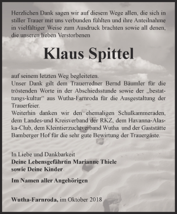 Traueranzeige von Klaus Spittel von Thüringer Allgemeine, Thüringische Landeszeitung