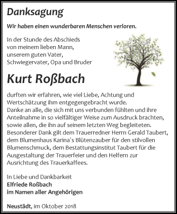 Traueranzeige von Kurt Roßbach von Thüringer Allgemeine, Thüringische Landeszeitung