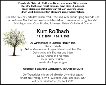 Traueranzeige von Kurt Roßbach von Thüringer Allgemeine, Thüringische Landeszeitung