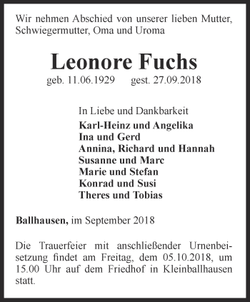 Traueranzeige von Leonore Fuchs von Thüringer Allgemeine, Thüringische Landeszeitung