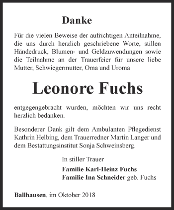 Traueranzeige von Leonore Fuchs von Thüringer Allgemeine, Thüringische Landeszeitung