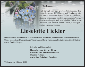 Traueranzeige von Lieselotte Fickler von Ostthüringer Zeitung