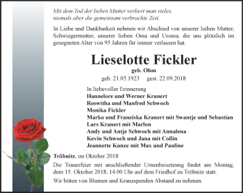 Traueranzeige von Lieselotte Fickler von Ostthüringer Zeitung