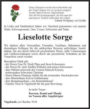 Traueranzeige von Lieselotte Sorge von Thüringer Allgemeine, Thüringische Landeszeitung