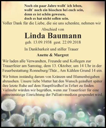 Traueranzeige von Linda Baumann von Thüringer Allgemeine, Thüringische Landeszeitung