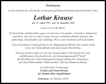 Traueranzeige von Lothar Krause von Ostthüringer Zeitung