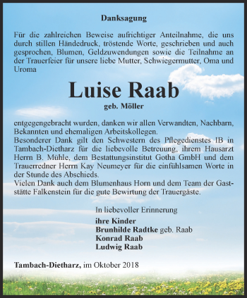 Traueranzeige von Luise Raab von Ostthüringer Zeitung, Thüringische Landeszeitung