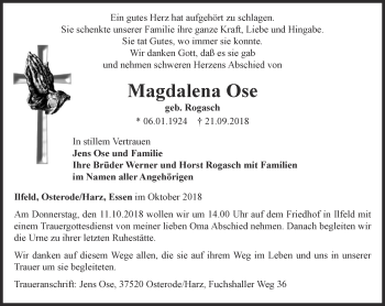 Traueranzeige von Magdalena Ose von Thüringer Allgemeine