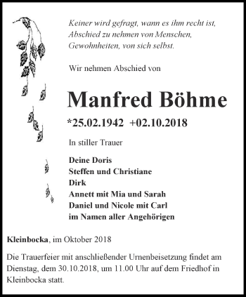 Traueranzeige von Manfred Böhme von Ostthüringer Zeitung