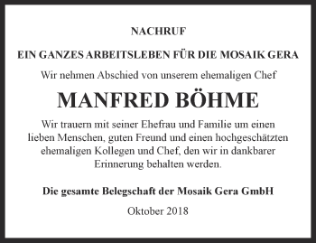Traueranzeige von Manfred Böhme von Ostthüringer Zeitung, Thüringische Landeszeitung