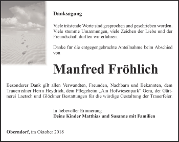 Traueranzeige von Manfred Fröhlich von Ostthüringer Zeitung